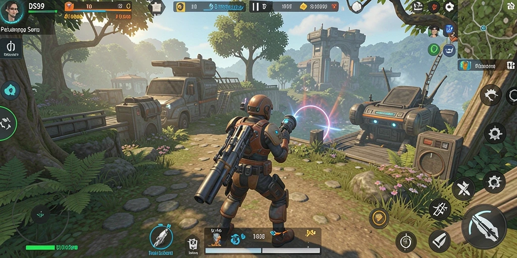 Screenshot gameplay DS99 menunjukkan eksplorasi seru dunia terbuka.