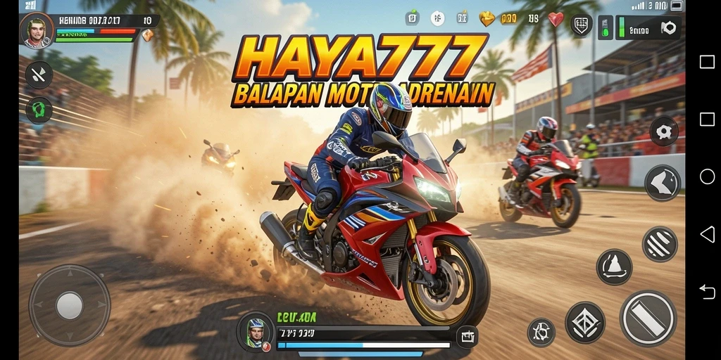 Tampilan gameplay seru HAYA777 dengan balapan motor yang mendebarkan.