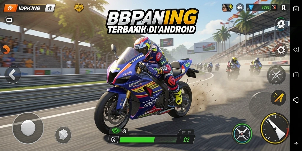 Screenshot gameplay IDPKING yang menunjukkan aksi balapan motor yang mendebarkan.