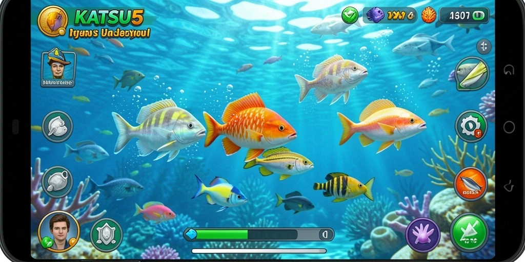 Screenshot utama KATSU5 menampilkan aksi seru Tembak Ikan.